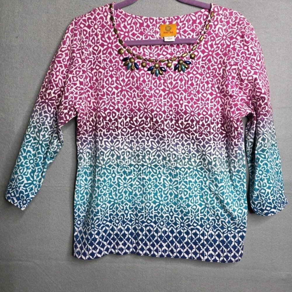 Ruby Rd 3/4 Quarter Sleeve Bead Embellished Neckline Cotton Spandex Top Pink Blu